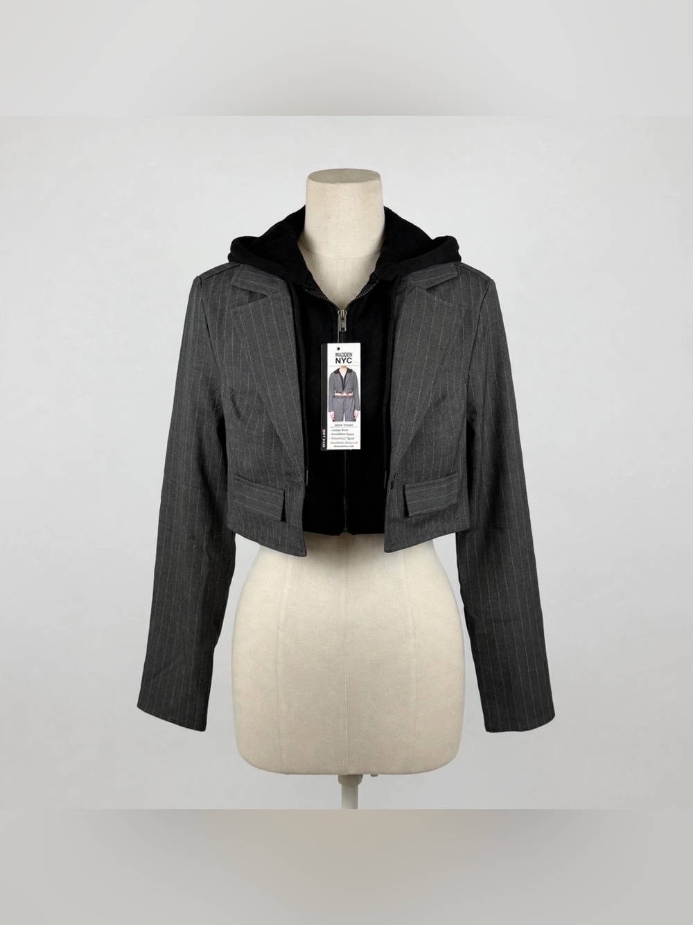 Madden NYC Women’s XS Cropped Pinstripe Hooded Blazer Jacket Gray/Black